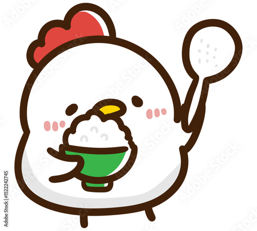 ご飯の用意をするかわいいにわとりのキャラクターのデフォルメイラスト
