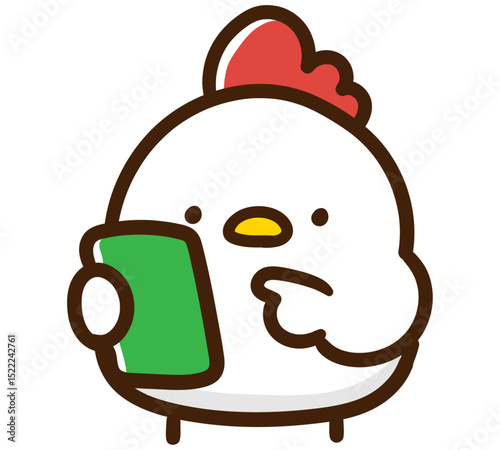 スマホ画面を見て操作するかわいいにわとりのキャラクターのデフォルメイラスト