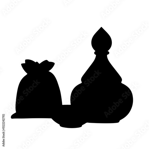 Diwali lamp and gift bag silhouettes on white background, festive celebration