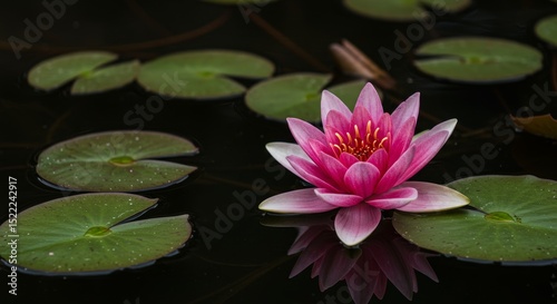 Pink Water Lily Blooming in Pond with Lily Pads Reflection
