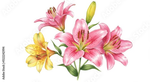 Floral Arrangement with Pink and Yellow Lilies on White