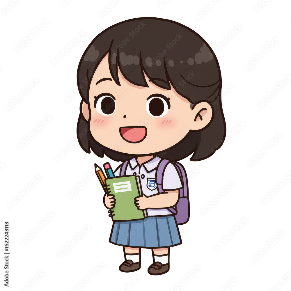 Illustration of Schoolgirl with Book and Backpack Wearing Uniform Happy Illustration of Schoolgirl with Book and Backpack Wearing Uniform Happy