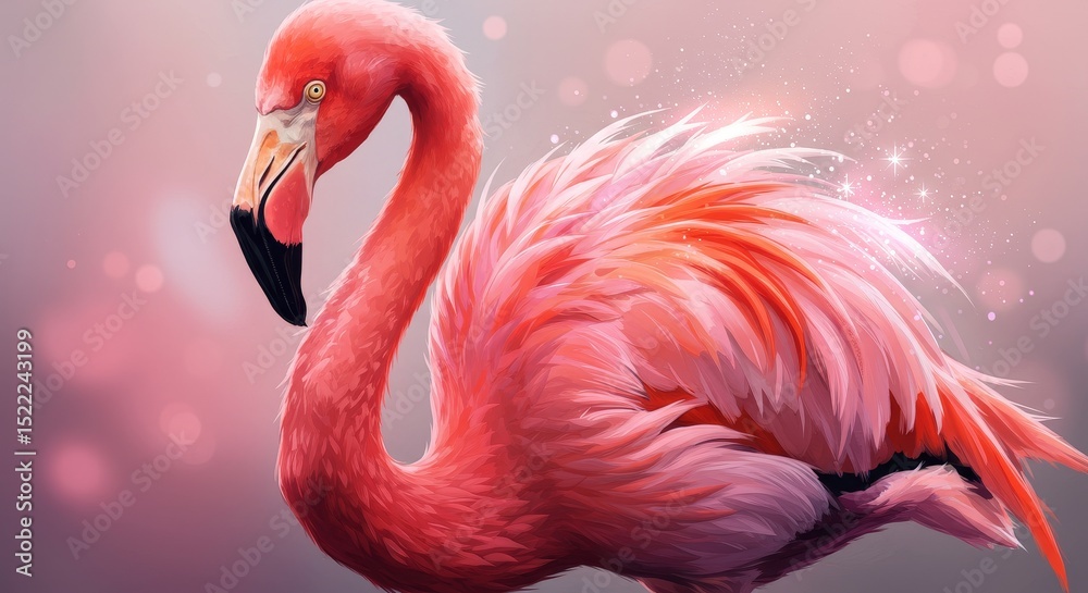 Naklejka premium Flamingo Standing with Feathers and Glittering Effects