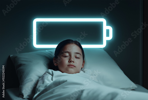 A girl sleeping in bed with a glowing empty battery icon above her head, rest and recharge energy concept