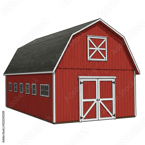 Illustration Of Red Barn Farm Building In Countryside Isolated Background