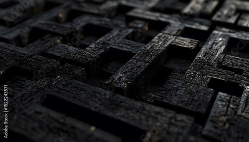 Intricate geometric pattern of charred wood blocks.