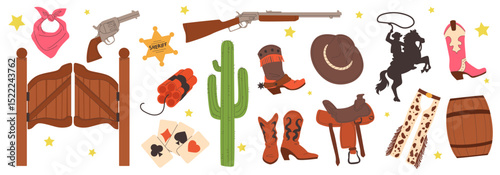 Western element. Wild West cowboy. Saloon bar door. Wooden barrel. Hat and boots. Playing cards. Sheriff star icon. Cartoon Yeehaw sticker. Horse saddle. American country old illustrations vector set