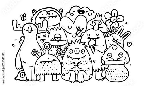 Doodle monster. Icon fun magic creature. Graphic scary. Boo creepy, evil horror. Line alien graphic background, silhouette sketch drawn. Color page template. Vector cartoon isolated illustration