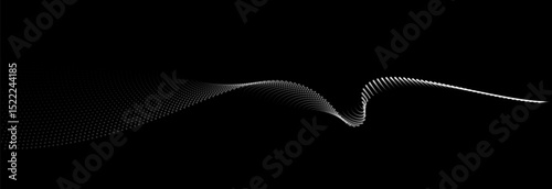 Flowing dots particles wave pattern white light gradient smooth curve shape isolated on black background. Vector in concept of technology, science, music, modern.