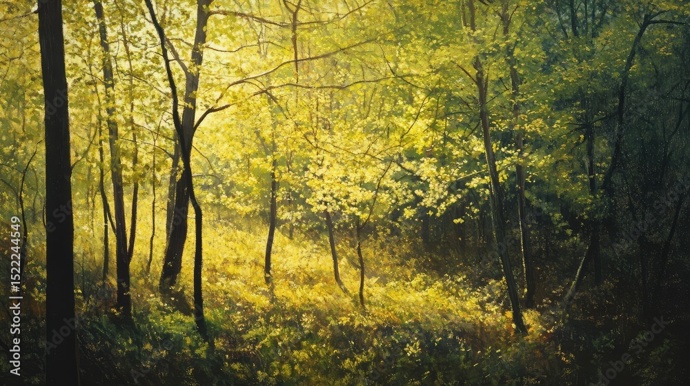 Fototapeta premium Luminous Forest Scene with Sunlight Filtering Through Green Leaves, Illuminating the Underbrush and Creating a Peaceful Natural Atmosphere in Springtime