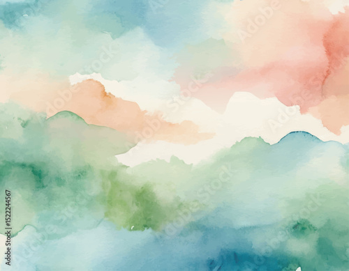 Abstract Watercolor Background with Green and Peach Hues.