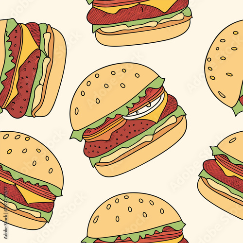 Burger Seamless Pattern – Fun Fast Food Background with Repeating Hamburger Design