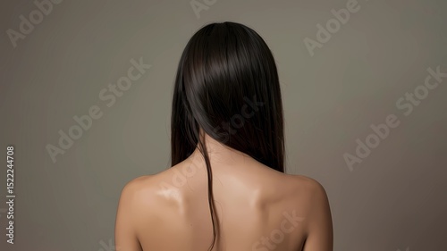 Rear View of a Woman With Long Dark Hair Against Neutral Background