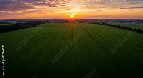 Serene Sunset Over Lush Green Fields Aerial View of Agricultural Landscape