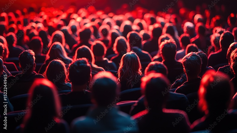 Obraz premium A crowd of people in a dimly lit auditorium, with a red hue dominating the scene.
