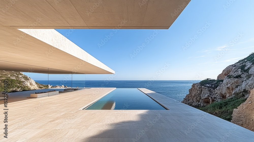 Obraz premium Modern luxury villa with an infinity pool overlooking a scenic ocean view and rocky coastline under a clear blue sky