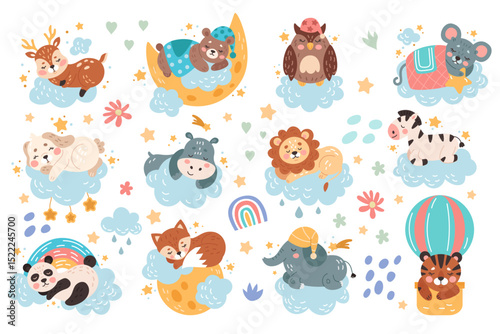 Cute animal sleeps. Cartoon character dreams on moon. Sky clouds and stars. Baby deer or bear doze under blanket. Drawn for kids night. Doodle print sticker. Vector children tidy illustrations set