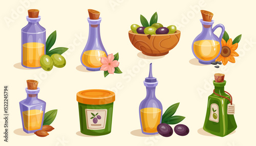 Olive oil icon. Cartoon bottle different forms. Kitchen food for health. Cooking diet salad. Organic butter, vegetable oils. Liquid Mediterranean fat. Vegetarian ingredients. Vector tidy illustration