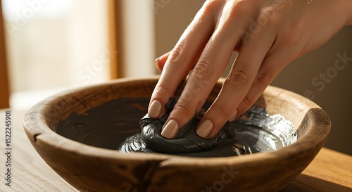 Luxurious Spa Treatment Hands Applying Charcoal Mask in Wooden Bowl