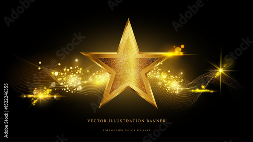 Gold star. Light sparks. Glow on black background. Luxury stage shape. 3D poster glitter. Premium sparkle show. Award ceremony. Overlay golden shiny effect. First place reward. Vector victory banner