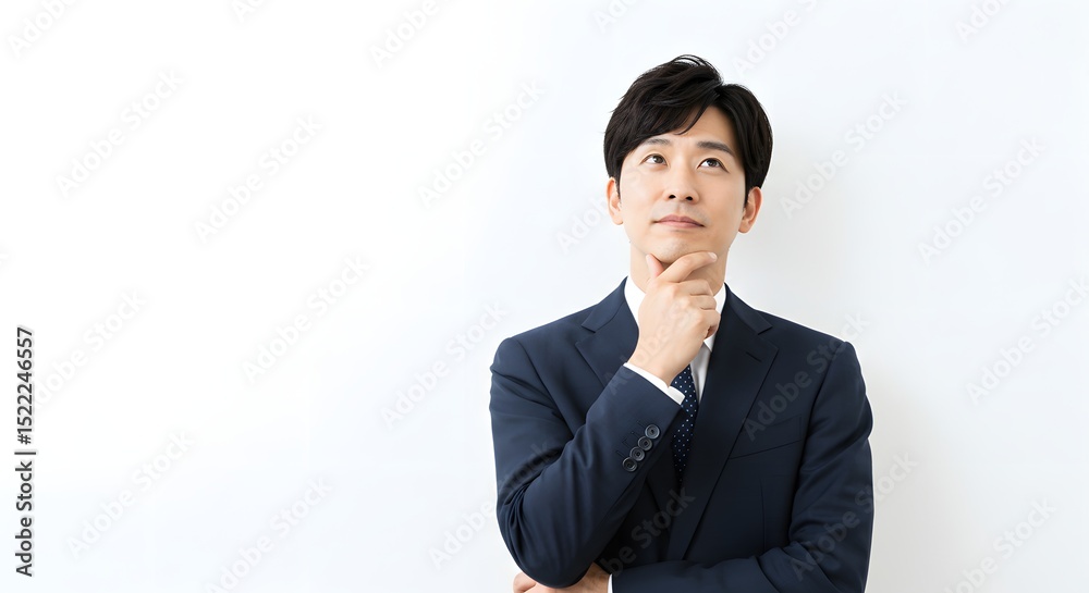 A thoughtful young businessman in a suit, hand to chin, contemplating a decision. His expression is one of quiet consideration. A thoughtful young businessman in a suit, hand to chin, contemplating a decision. His expression is one of quiet consideration.