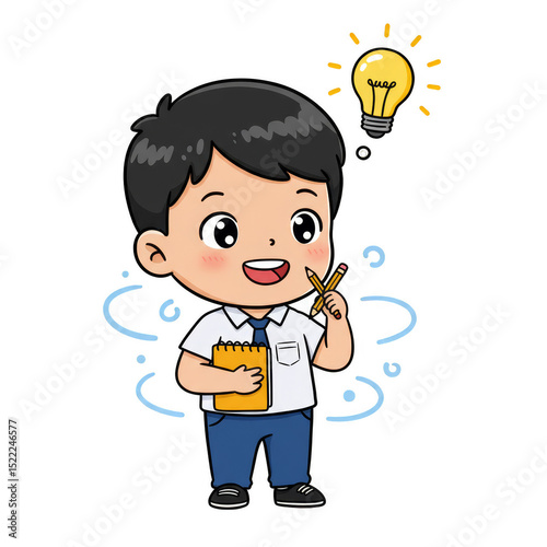 Illustration of Young Cartoon Boy with Lightbulb Idea on Transparent