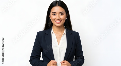 Confident businesswoman smiling against a white background. She's wearing a dark blazer and white shirt, looking directly at the camera.
