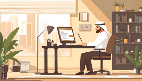 Man working at a computer in a modern office.