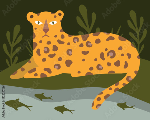 Relaxed Leopard by River in Jungle Vector Illustration. The scene captures the tranquility of the jungle, with fish swimming in the water.