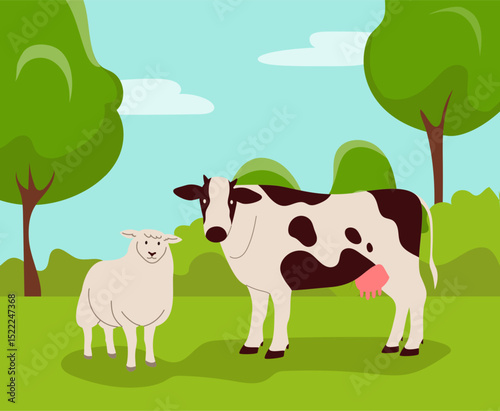 Cow and sheep on lawn. Farm animals, trees and meadow summer natural landscape. Funny agricultural pets. Cute domestic ranch happy mammals. Vector cartoon flat style isolated livestock illustration