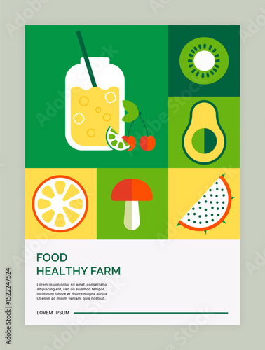 Healthy farm food poster. Detox cocktail, avocado, kiwi and tropical dragon fruit and vegetables. Geometric tiles, minimalist simple abstract background vector cartoon flat style isolated illustration