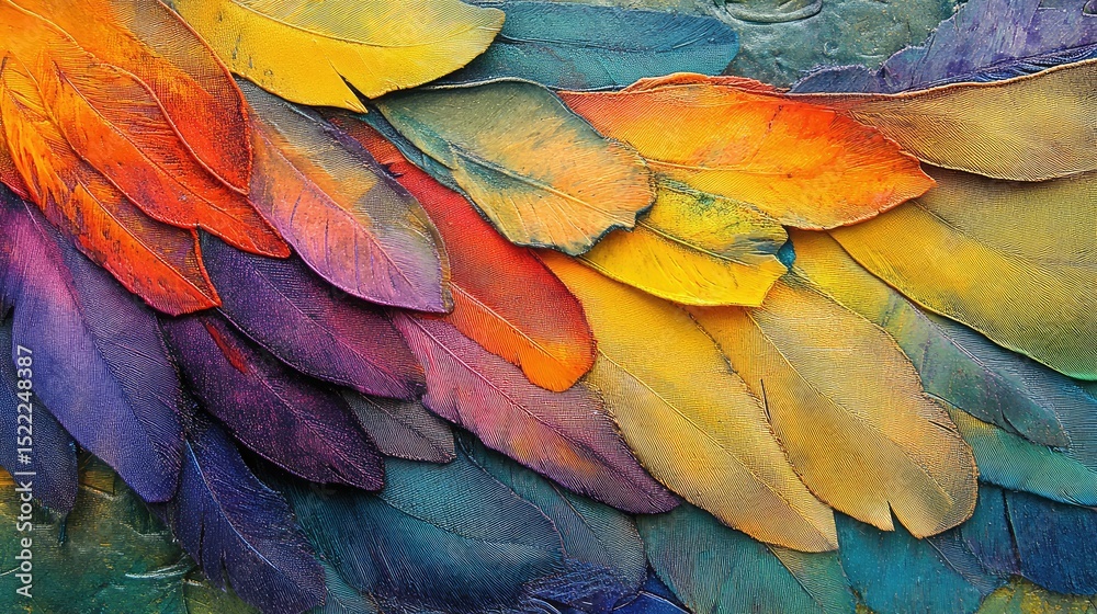 Obraz premium Vibrant Colorful Feathers in a Layered Arrangement Showcasing the Beauty of Nature's Palette with Bright Hues and Intricate Textures for Artistic Inspiration