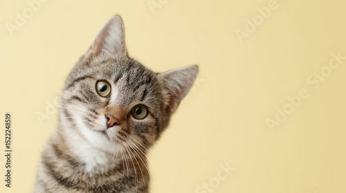 Curious tabby cat tilting head, looking in, yellow background with copy space