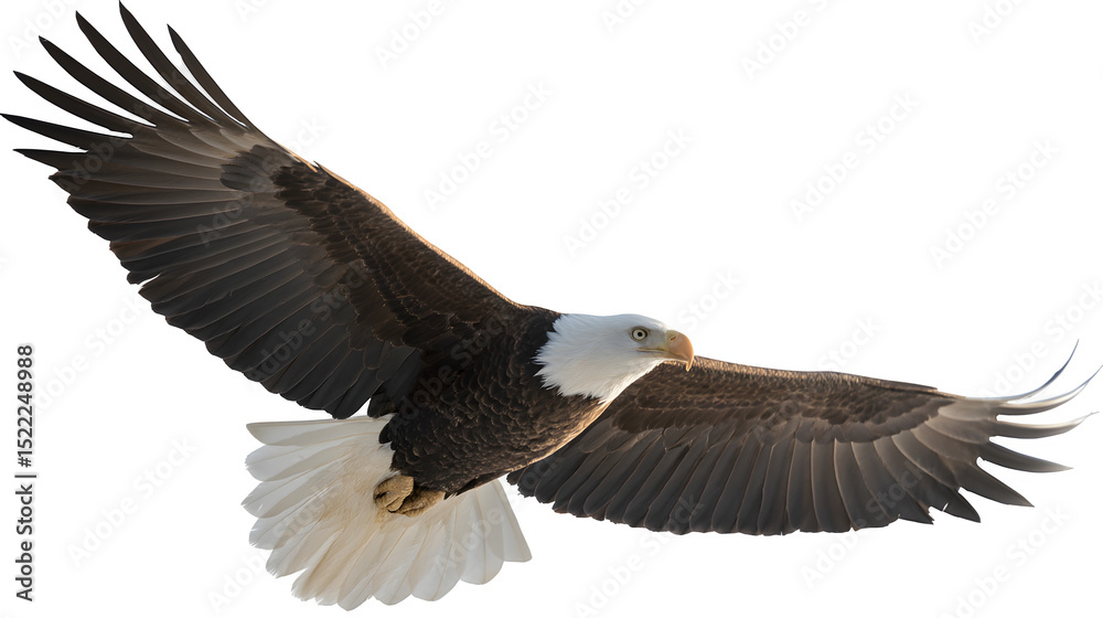 Naklejka premium A single, majestic eagle soaring high in a clear blue sky, isolated on Transparent Background.