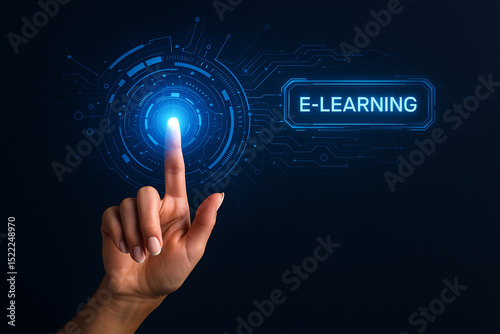 AI generated digital concept showing a womanโ€s hand interacting with a glowing blue futuristic interface symbolizing smart online learning in the digital age