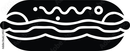 Minimalist black and white hot dog illustration with mustard and relish