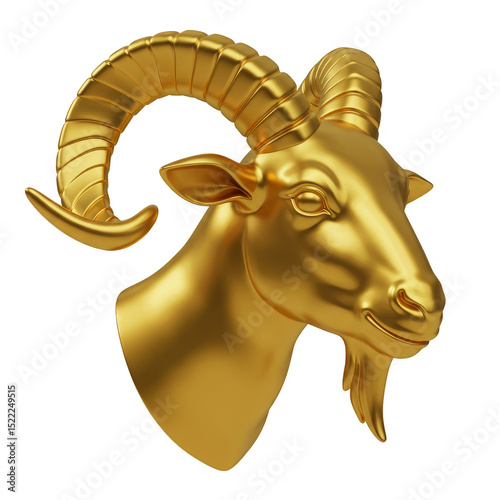 Isolated 3D Render of Golden Goat Head with Horned Sculpture on Transparent Background