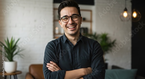 Smiling man with glasses, arms crossed in the room. The man is smiling and seems to be content, with a pleasant expression.