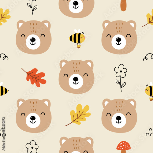 Seamless pattern with cute bear, bee, autumn leaves and flower on light yellow background for your fabric, children textile, apparel, nursery decoration, kids bedding. Vector illustration