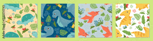 A colorful set of vector illustrations featuring adorable dinosaurs among vibrant foliage. Perfect for children s designs, playful patterns and educational materials.