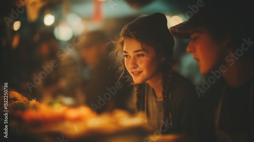 Friends Enjoying Street Food with Warm Tones and Shallow Depth of Field