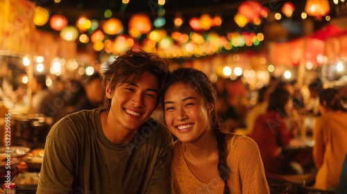 Happy young couple enjoying Thai street food at warm lantern lit night market