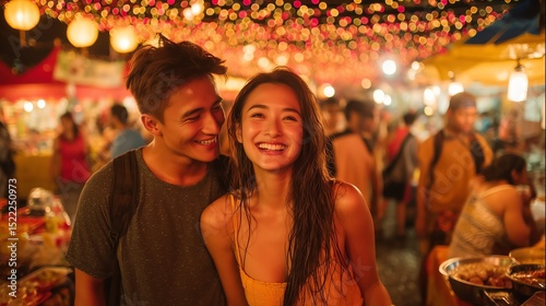 Happy young couple enjoying Thai street food at warm lantern lit night market
