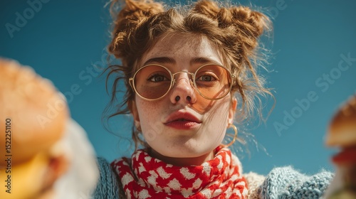 Hipster girls taking a burger selfie from a low angle, featuring clean sky space ideal for logos