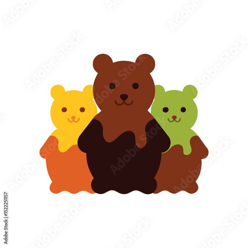 Three colorful gummy bears candy bears in orange yellow brown and green