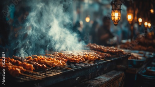 Hipster street food market with grilled chicken skewers and rising smoke, minimalist negative space