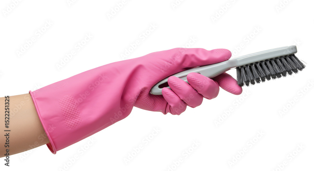 Naklejka premium Illustration Pink Glove Holds Gray Scrubbing Brush for Cleaning Task