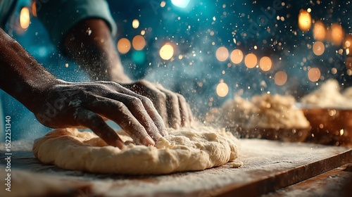 Close-up of Kolkata street vendor's skilled hands shaping dough with dramatic fire bokeh background