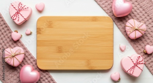 Top-down view of a charming wooden table with symmetrical borders of romantic heart embellishments.
