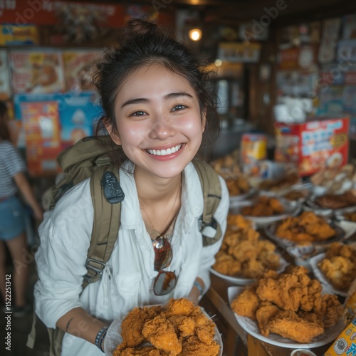 Korean backpacker smiling with Taiwanese fried chicken, shallow depth focus